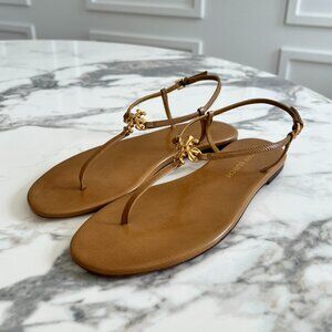 Tory Burch Brown Leather Logo Thong Sandals with Gold Hardware